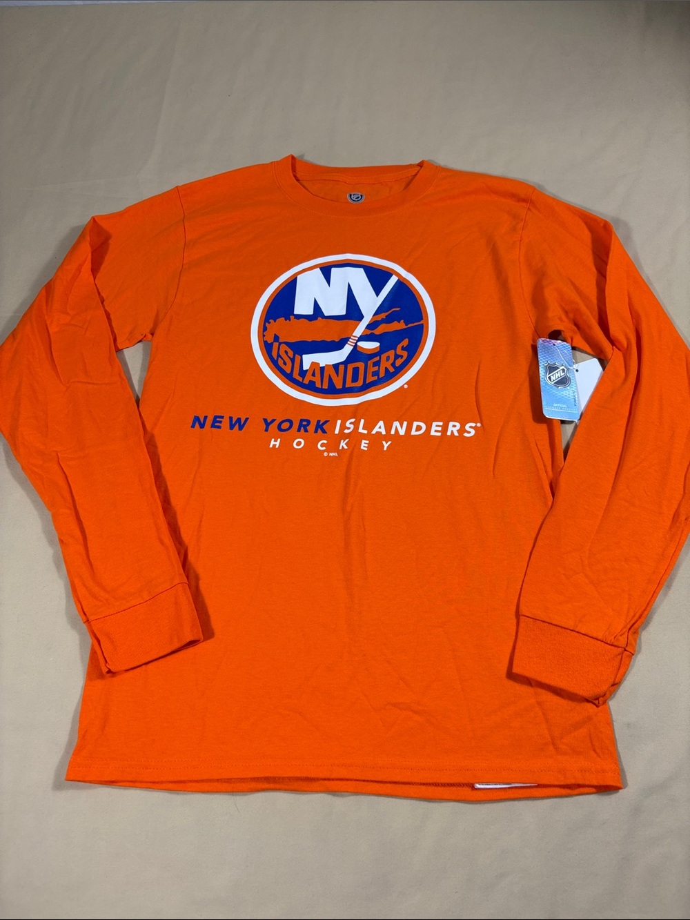 New York Islanders NHL Orange Long Sleeve Graphic Tee Shirt Men's Small NWT